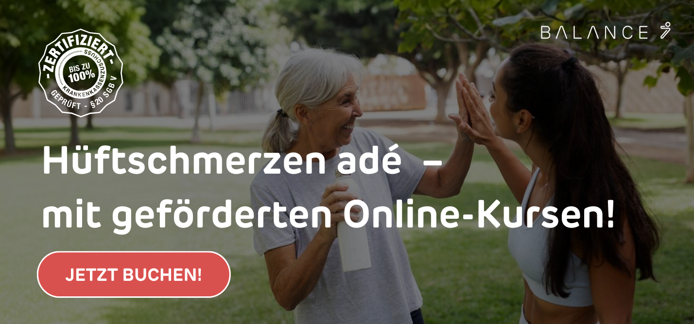 Hinweis auf geförderten Onlinekurs gegen Hüftschmerzen durch zu langes Sitzen