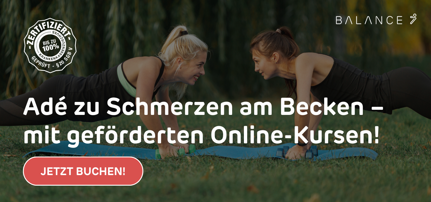 Angebot auf zertifizierte Onlinekurse zur Prävention von Schmerzen am Becken und Hüfte