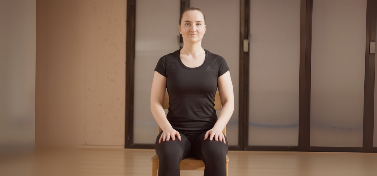 Frau sitzt aufrecht auf einem Stuhl und aktiviert kontrolliert ihre Beckenbodenmuskulatur