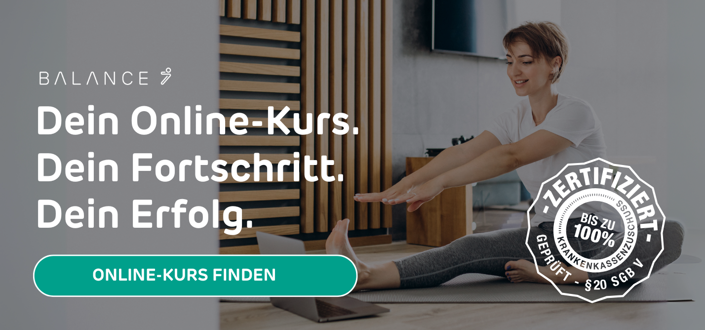 Frau beim Onlinekurs-Training und Hinweis auf Onlinekurse für Rücken und Beckenbodenmuskulatur