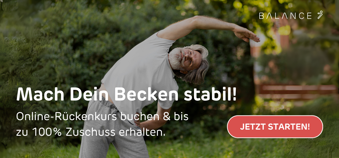 Hinweis auf Online-Rückenkurs als gefördertes Angebot zur Stabilisierung des Beckens und Vorbeugung von Hüftbeugerschmerzen