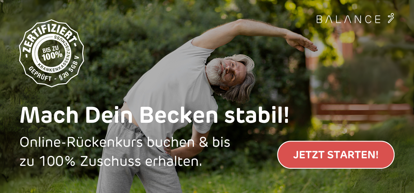Hinweis auf Online Präventionskurs mit Übungen zur Stabilisierung des Beckens