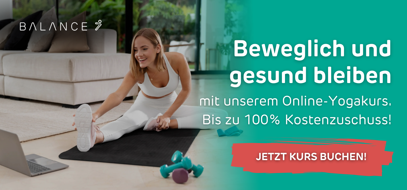 Frau bei Beckenboden Übungen und Hinweis auf passendes Onlinekurs-Angebot