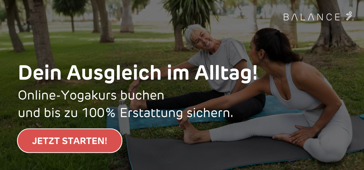 Call to Action zur Buchung eines Online-Yoga-Präventionskurs für den optimalen Ausgleich im Alltag